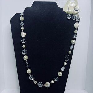 Éclat Silver Tone Faux Pearl & Bead Necklace W/Pierced Dangle Earrings (5666)
